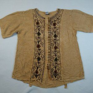 Women's Short Sleeve Top Wooden Buttons Embroidered Neutral Earthy One Size OS